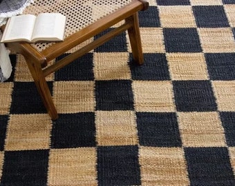 Handmade Checkerboard Hemp Rug - Natural Fiber Jute Area Rug - Modern Farmhouse Decor-Geometric Woven Rug-Sustainable Home Gift-Custom Sizes