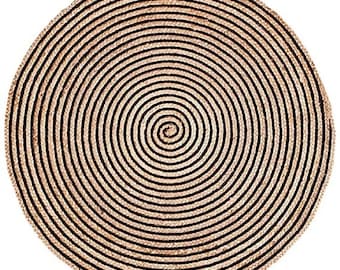 Handmade Braided Jute Round Rug-Spiral Pattern Natural Fiber Circle Area Rug - Black Swirl Boho Floor Mat for Living Room-Coastal Home Decor