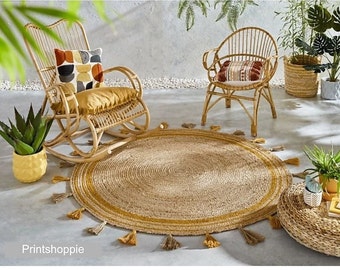 Braided Jute Round Rug with Tassels - Mustard Yellow Stripe Natural Fiber Circle Area Rug - Fringe Boho Floor Mat for Living Room, Nursery
