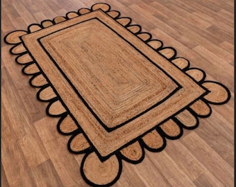 Rectangular Scalloped Jute Rug, Black and Natural Braided Runner, Handmade Long Area Rug, Eco Friendly Boho Home Decor, Entryway Carpet