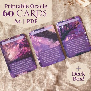 May include: A set of printable oracle cards with purple and white designs. The cards feature text with inspirational messages. The text on the cards reads "Pride", "Respect", and "Guilt". The cards are part of a 60 card deck and include a deck box.