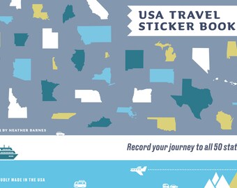 May include: A blue and white sticker book with the text "USA TRAVEL STICKER BOOK" and "Record your journey to all 50 states!"  The book features outlines of all 50 states in different colors.