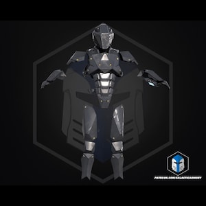 May include: A full-body, dark gray futuristic armor suit with a helmet, shoulder pads, and leg guards. The armor has a sleek, angular design with visible joints and panels. The image includes the text "PATREON.COM/GALACTICARMORY".
