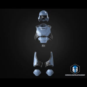 May include: A light blue futuristic armor set, including a helmet, chest piece, and leg armor. The armor has dark gray accents and is displayed against a dark background. The image includes the text "PATREON.COM/GALACTICARMORY".