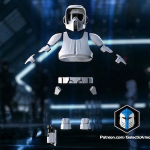 May include: A white scout trooper armor set including a helmet, chest plate, shoulder pauldrons, arm guards, belt, and leg pieces arranged in an exploded view. A small logo with the text Patreon.com/GalacticArmory is visible in the corner.