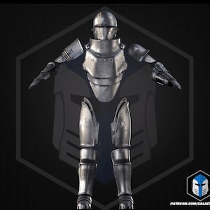 May include: A metallic silver suit of armor featuring a rounded helmet, a chest plate with a central emblem, shoulder guards, arm bracers, and leg plating. The armor pieces are displayed in a disassembled arrangement against a dark background.