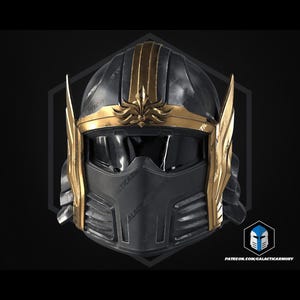 May include: A black and gold helmet with intricate detailing. The helmet features gold accents on the brow, cheek guards, and crest. The text "GALACTICARMORY" is visible on the side. The image is set against a dark background.
