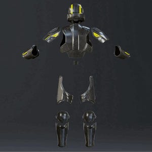 May include: A disassembled black and yellow futuristic armor set. The set includes a helmet, chest piece, shoulder pads, arm guards, thigh guards, and knee guards. The armor has yellow accents and is designed for protection.
