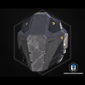 May include: A futuristic, dark gray helmet with a geometric design. The helmet has a textured surface with yellow and gold accents. The image is set against a dark background with a hexagonal outline.