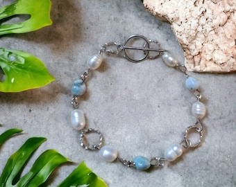 Natural Rice Pearls, With Dominican Larimar Chips & Alloy Toggle