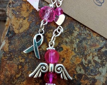 Angel of Hope, handmade beaded keychain/ bag charm with pink Angel and ribbon of hope. Get well/ fight cancer, thoughtful gift.