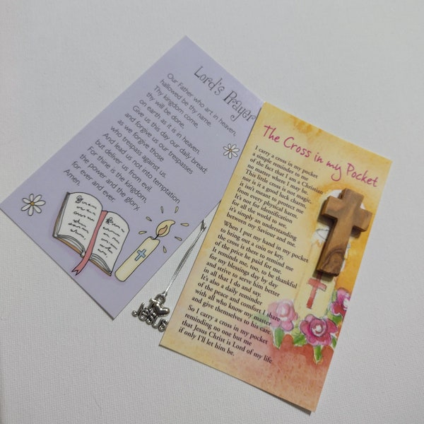 Taschenkreuz mit Gebetskarte | Hergestellt mit Olivenholz aus dem Heiligen Land Jerusalem