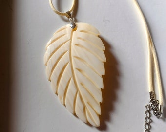Large Mother of Pearl Carved Leaf Necklace With Cream Cord