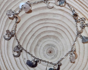 Natural Fluorite Chips & Moon Charms Anklet