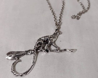 Royal Lion Silver Round Necklace Halloween Kitten Witch Broom Moon 