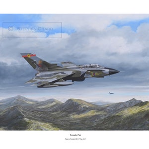 Puede incluir: Una pintura de dos aviones de combate grises y verdes volando sobre una cordillera. Los aviones vuelan en formación, y el cielo es azul con nubes blancas. El texto "Tornado Pair" está impreso debajo de la imagen.