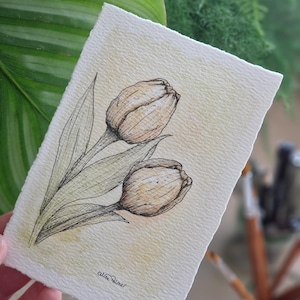 Aquarelle originale | Peinture originale| Tableau Tulipes au coucher du soleil | Art mural | Plante d'intérieur | Oeuvre d'art