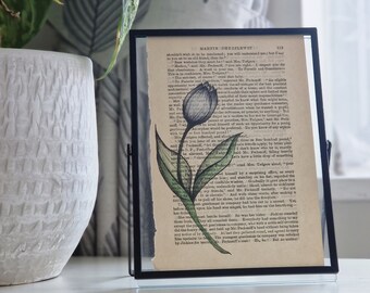 Upcycled Vintage Book Page | Original Hand-Painted Watercolour Illustration | White Tulip Flower