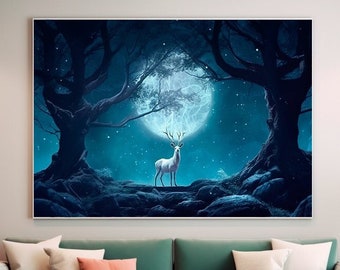 Deer with full moon background, Midjourney , AI Art, Digital Download, wall decor