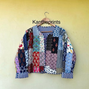 Cotton Quilted Jacket Women Wear Front Open Kimono Stripe piping HandMade Vintage Quilted Jacket , Coats , New Style, Boho..double side wear