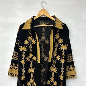 Black Velvet Suzani Coat, Gold Floral Embroidery Duster, Boho Evening Jacket (Free Size)