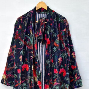 Navy Velvet Kimono Robe – Tropical Bird Floral Print Devoré Duster Jacket