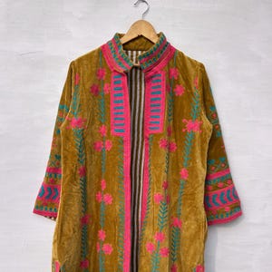 Mustard Velvet Duster Coat — Hand-Embroidered Pink & Teal Floral, Striped Lining, Boho Suzani Kimono Jacket