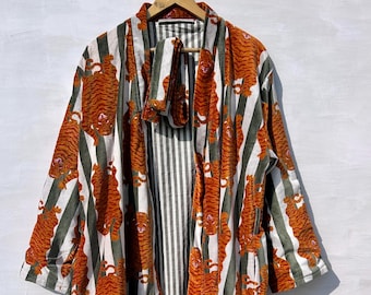 Tiger Print Velvet Kimono Robe, Boho Striped Duster Women, Free Size, Gift for Her