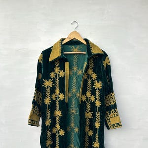 Forest Green Silk Velvet Kimono, Gold Suzani Embroidery, Boho Women's Jacket