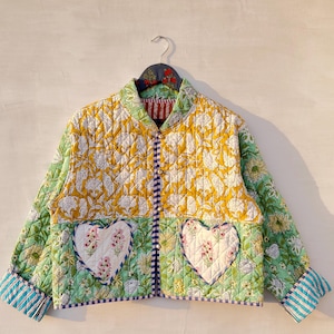 Hand Block Print Quilted Jacket: Floral Patchwork, Heart Pockets, Reversible Cotton Bomber
