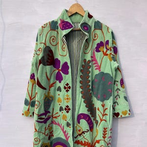 Mint Green Velvet Maximalist Coat, Multicolour Suzani Embroidery, Eclectic Artisan Overcoat, Jaipur Craft