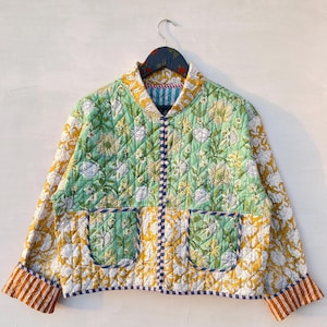 Hand Block Print Quilted Bomber Jacket, Mint Green Mustard Floral Patchwork, Reversible Cotton Coat