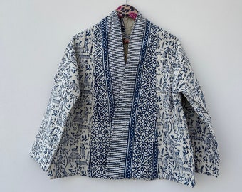 Cotton Kantha Jacket Quilted Vintage Jacket Short Kimono Front Open Handmade Suzani Jacket