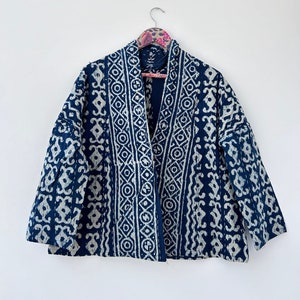 Cotton Kantha Quilted Short Kimono Open Front Handmade Quilted Short Kimono Indigo
