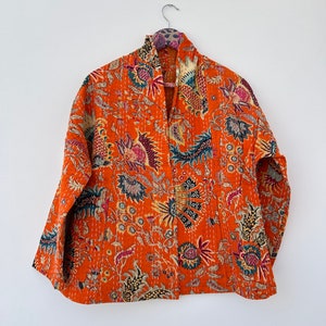 Cotton Kantha Quilted  Jacket Short Kimono Front Open Handmade  Jacket print Women&#39;s wear