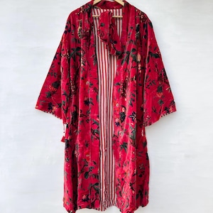 Bohemian Velvet Kimono Robe – Red Floral Long Duster Vintage Inspired Kimono Jacket with Tie  Soft Elegant