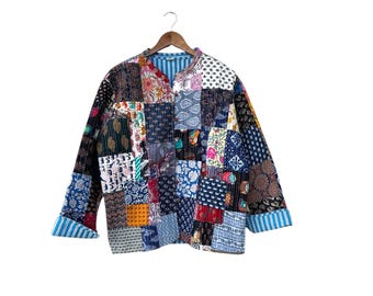 Patchwork Gesteppte Kimono Jacke, Handgefertigter Baumwolle Boho Mantel, Jaipur Block Print