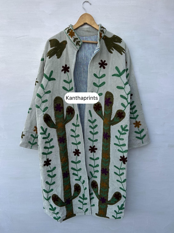 Cream Velvet Suzani Coat, Bird Cactus Embroidery Boho Duster Jacket