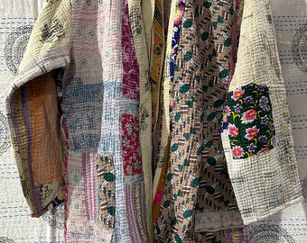 Cotton Handmade Vintage Kantha Quilt Jcket Long Jacket Free Size