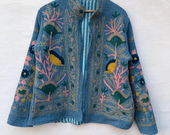 Handmade Suzani Embroidered Jacket: Women's Short Blue Coat