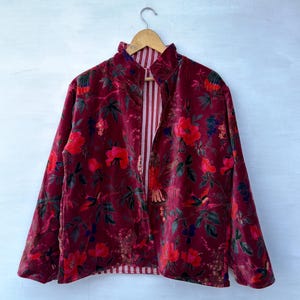 Red Velvet Floral Jacket | Handmade Boho Jacket | Vintage Style Cropped Coat | Women’s Statement Jacket | Festival Wear | Gift for Her