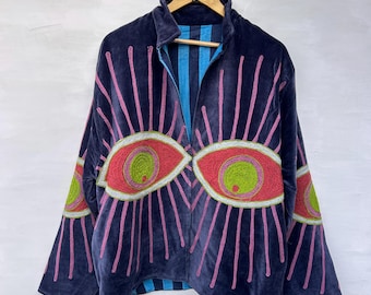 Navy Velvet Evil Eye Jacket | Jaipur Hand Embroidered Bell Sleeve Boho Coat