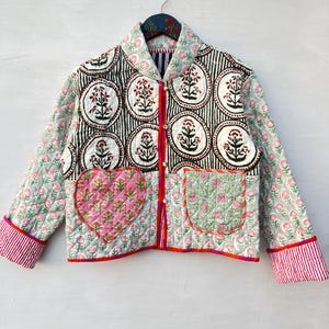 Hand Block Print Quilted Cotton Jacket, Mismatched Pockets, Cropped Patchwork Coat