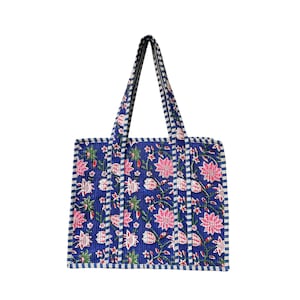 Quilted Cotton Handprinted Reversible Large  Floral Tote Bag Eco friendly Sustainable Sturdy Grocery Shopping Handmade Art Boho Gift For Her