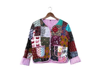 Patchwork Quilted Cotton Jacke, helle mehrfarbige, handgemachte Frauen Boho Mantel, Indien, Geschenk für Sie