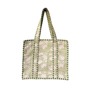 Quilted Cotton Handprinted Reversible Large  Floral Tote Bag Eco friendly Sustainable Sturdy Grocery Shopping Handmade Art Boho Gift For Her