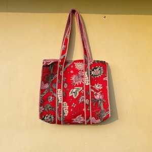 Block Print Cotton Quilted Tote Bag Block Print White Red With  Flowers Handmade Gift For Her Shopping Bag