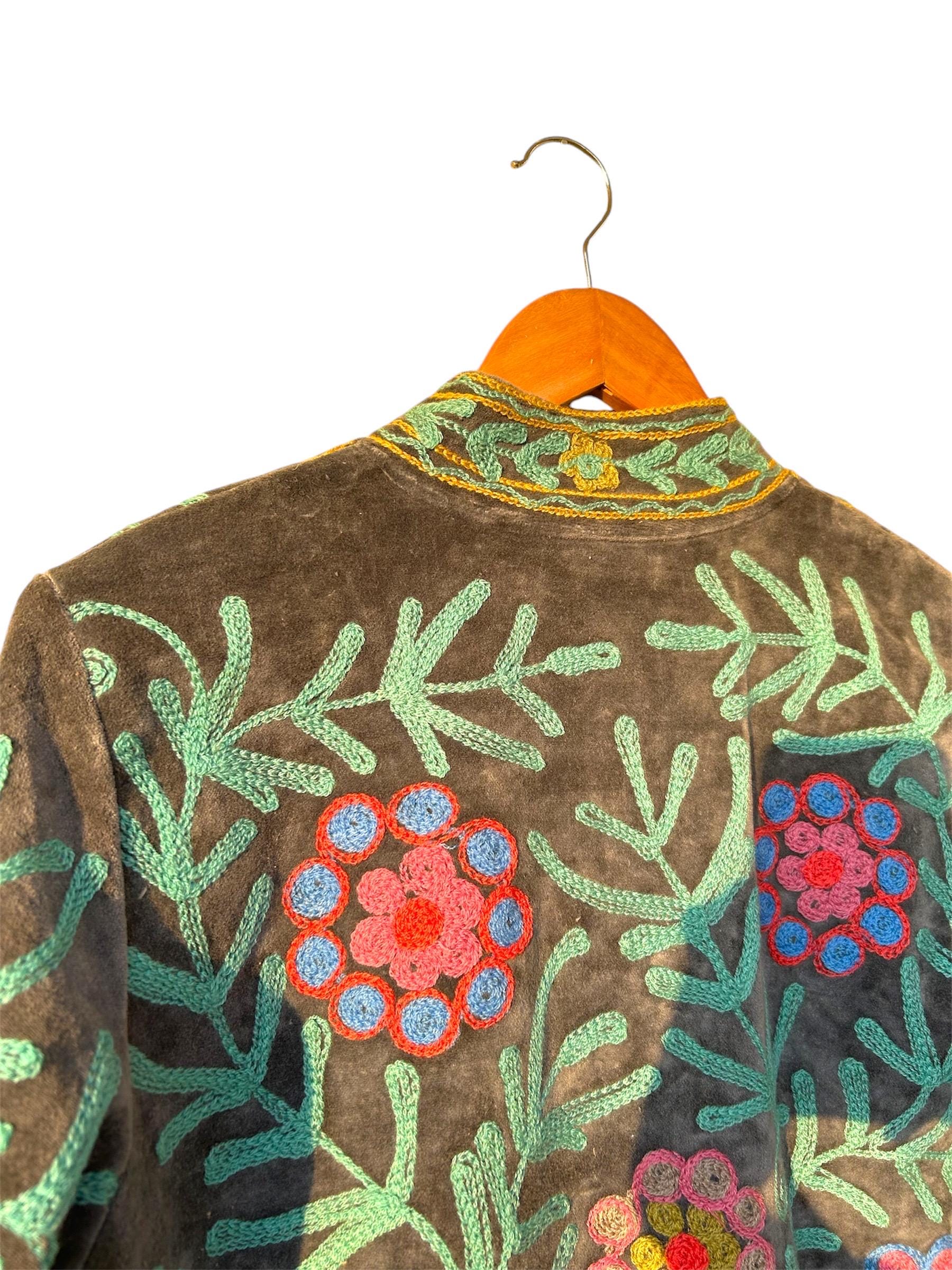 オリーブベルベット刺繍ジャケット - 手作りのスザニ鳥柄花柄コート