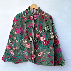 Green Velvet Floral Jacket, Boho Quilted Style Coat, Handmade Botanical Print Jacket, Vintage Inspired Statement Jacket, Women’s Winter Laye