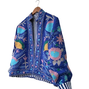 Handmade Suzani Embroidery Jacket: Women&#39;s Blue Robe